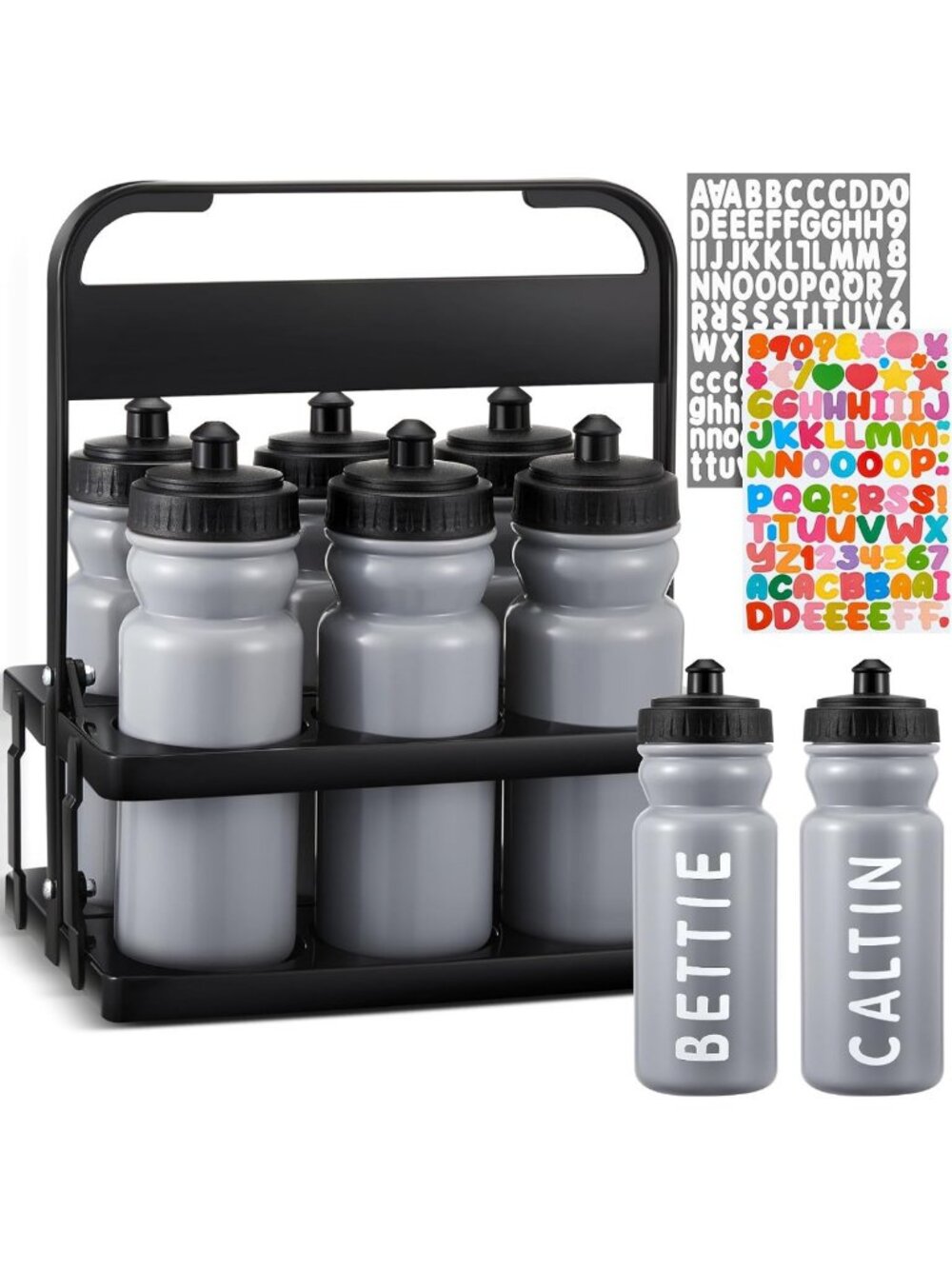 7-Piece Squeeze Water Bottle Set with Carrier - Durable, Portable, Grey